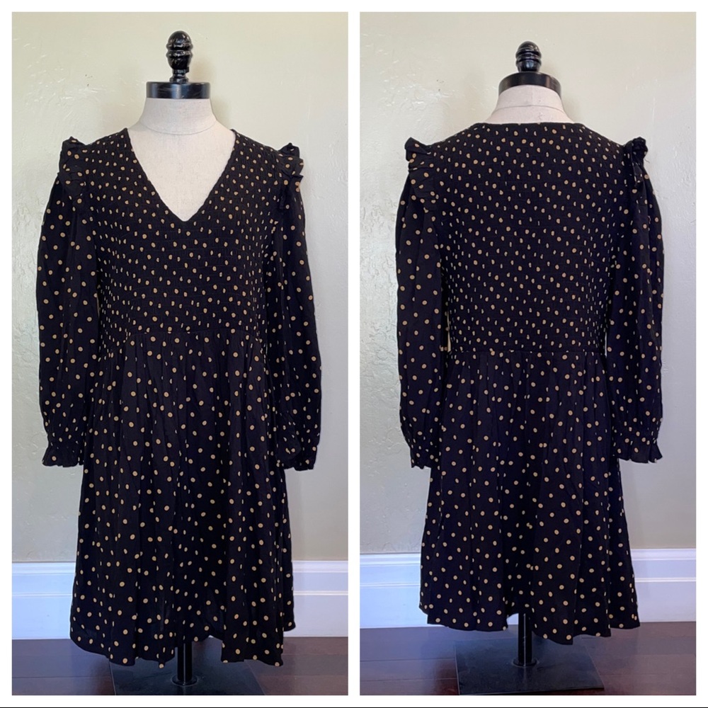 Madewell Lucie V-Neck Smocked Mini Dress in Oval Dot Black Size Medium